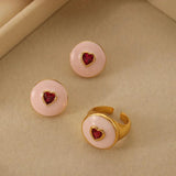 Sweet Pink Jewelry Set: Heart Earrings & Adjustable Rings for Women