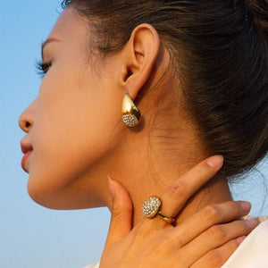 Youthway Drop Shape Rhinestone Open Ring Earring Set Golden Jewelry Gift
