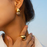 Youthway Drop Shape Rhinestone Open Ring Earring Set Golden Jewelry Gift