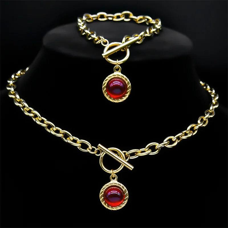 Goth Red Stone Vintage OT Buckle Necklace Bracelets Set