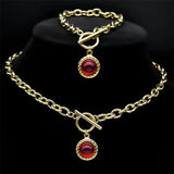 Goth Red Stone Vintage OT Buckle Necklace Bracelets Set