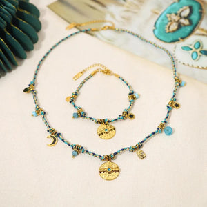 Bohemian Rope Chains Necklace Bracelet Set Moon Star Charms Stainless Steel