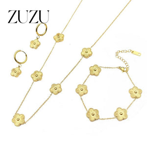 Adjustable Stainless Five Leaf Petal Flower Jewelry Set Women's Clover