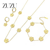 Adjustable Stainless Five Leaf Petal Flower Jewelry Set Women's Clover