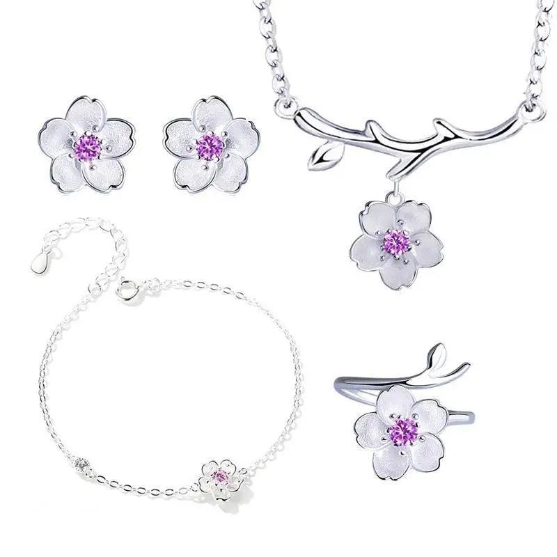 925 Silver Flower Wedding Jewelry Set For Women Necklace Earrings Rings Bracelet