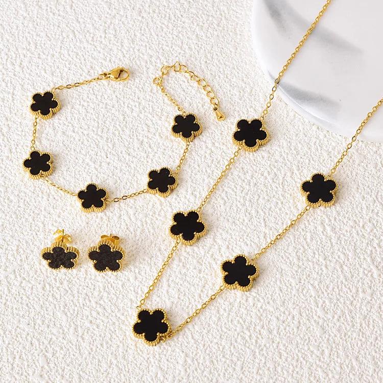 Stainless Steel Flower Jewelry Set - 5 Leaf Design