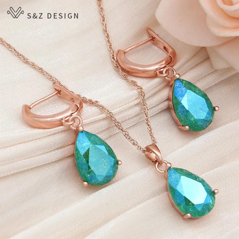 S&Z Water Drop Crystal 585 Rose Dangle Earrings Jewelry Sets
