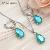 S&Z Water Drop Crystal 585 Rose Dangle Earrings Jewelry Sets