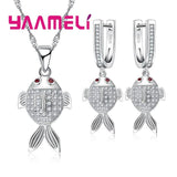 925 Sterling Silver Hollow Fish Pendant Necklace Earring Set