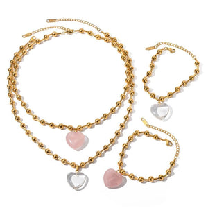 Youthway Glass Heart Necklace Bracelet Set Golden Jewelry