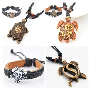 Hawaiian Style Surfing Sea Turtles Pendant Necklace Leather Bracelets Set