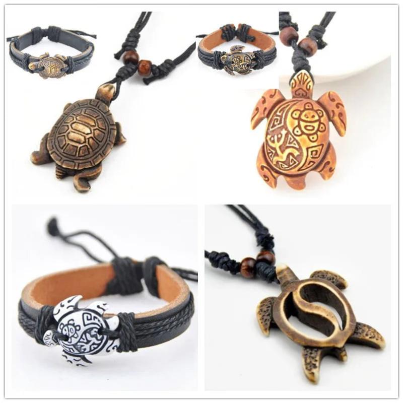 Hawaiian Style Surfing Sea Turtles Pendant Necklace Leather Bracelets Set