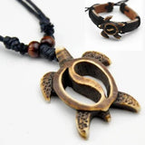Hawaiian Style Surfing Sea Turtles Pendant Necklace Leather Bracelets Set