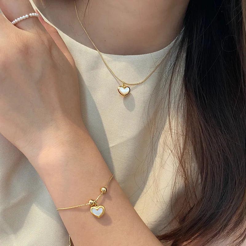 925 Silver Shell Love Bracelet Necklace Set for Women, Gift Jewelry