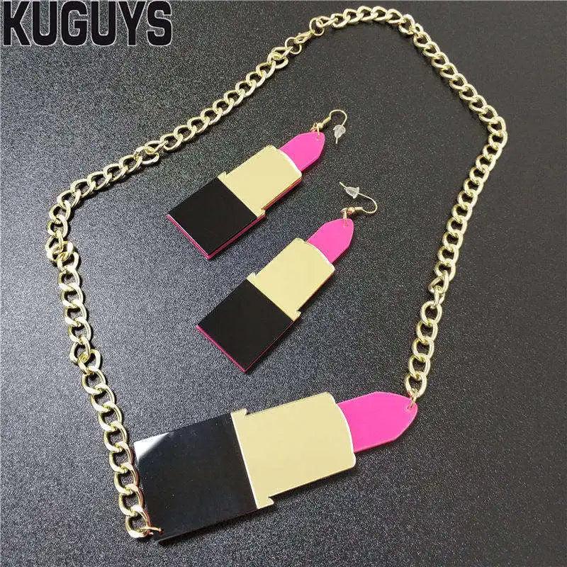Acrylic HipHop Pendant Necklace Lipstick Earrings Set
