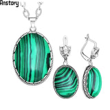 Vintage Malachite Necklace Earrings Set, Stainless Steel Chain Gift