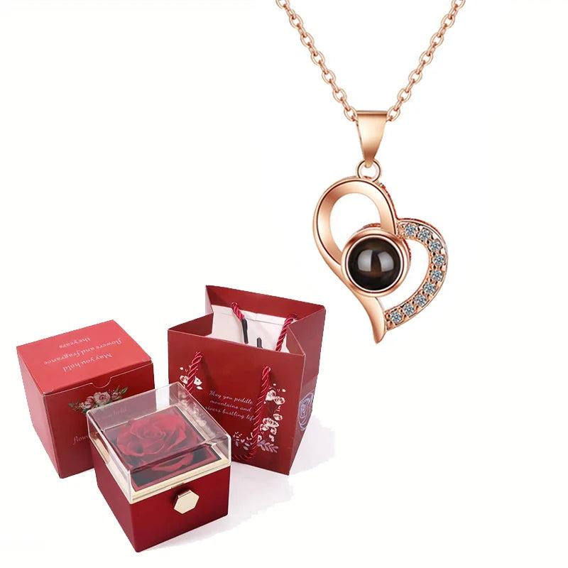 Projection Necklace Set with Flip Rose 100 Languages I Love You Heart Pendant