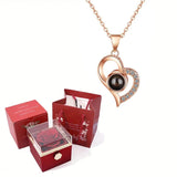 Projection Necklace Set with Flip Rose 100 Languages I Love You Heart Pendant