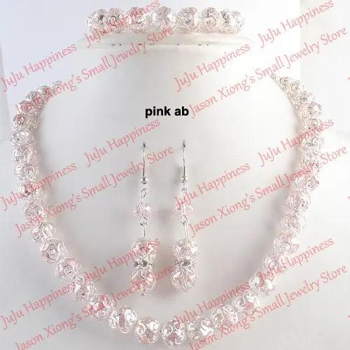 Pink AB Crystal Glass Beads Jewelry Set Necklace, Earring and Bracelet