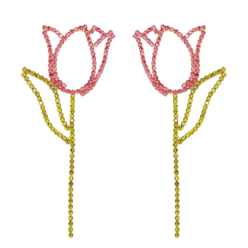Rhinestone Tulip Flower Necklace Earrings Set