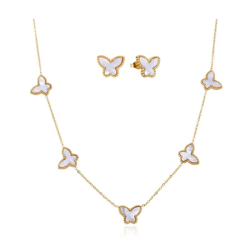 Stainless Steel Butterfly Pearl Necklace and Shell Clavicle Chain Set