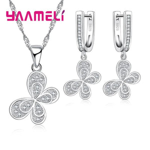 925 Silver Butterfly Jewelry Set CZ Bridal Necklace Earrings