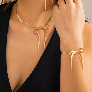 Retro Tassels Bow Choker Necklace Set Stainless Steel Snake Chain