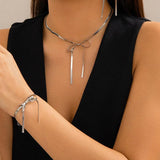 Retro Tassels Bow Choker Necklace Set Stainless Steel Snake Chain