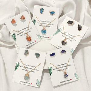 Irregular Raw Stone Pendant Necklace Quartz Ear Studs Healing Jewelry Set