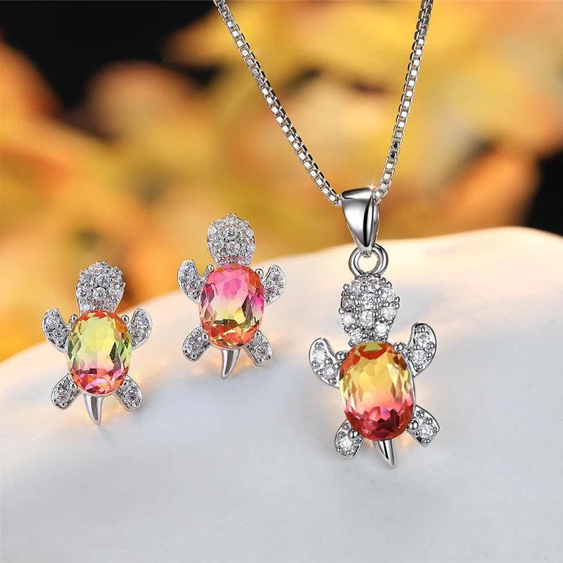 Purple Zircon Turtle Earrings & Necklace Set