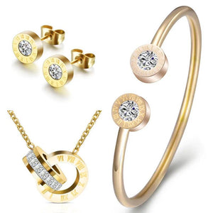 Roman Numeral Necklace Earring Bracelet Set Stainless Steel T001