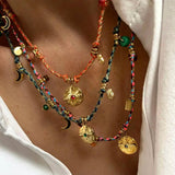 Vintage Stainless Steel Charms Necklaces Boho Pink Rope Chains Bracelets