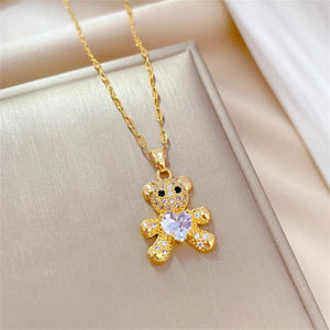 Heart Crystal Teddy Bear Necklace Earrings Set Stainless Steel Bijoux Femme