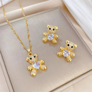 Heart Crystal Teddy Bear Necklace Earrings Set Stainless Steel Bijoux Femme