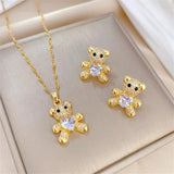 Heart Crystal Teddy Bear Necklace Earrings Set Stainless Steel Bijoux Femme