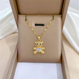 Heart Crystal Teddy Bear Necklace Earrings Set Stainless Steel Bijoux Femme