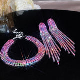 Crystal Bridal Jewelry Set Silver Plated Rhinestone Bracelet And Tassel