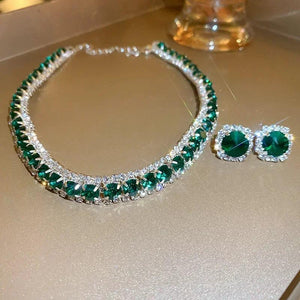 Champagne Green Crystal Necklace Earrings Set for Women