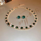 Champagne Green Crystal Necklace Earrings Set for Women