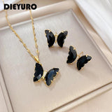 Butterfly Stone Pendant Necklace Earrings Set Gift Party
