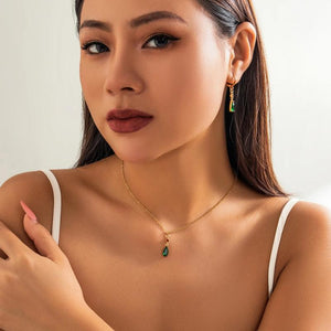 Geometric Green Zircon Pendant Choker Necklace Set