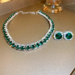 Crystal Necklace Earrings Set Green Giold Silver Women Weddings Bride Jewelry