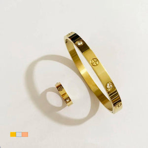 Stainless Steel Cross Nut Nail Crystal Charm Bangle & Ring Set