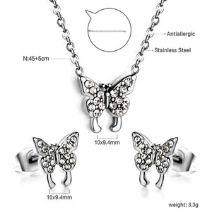 Fairy Heart Jewelry Sets Stainless Steel Tiny Butterfly Pendant Necklace