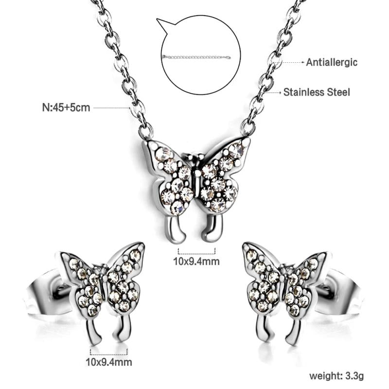 Fairy Heart Jewelry Sets Stainless Steel Tiny Butterfly Pendant Necklace