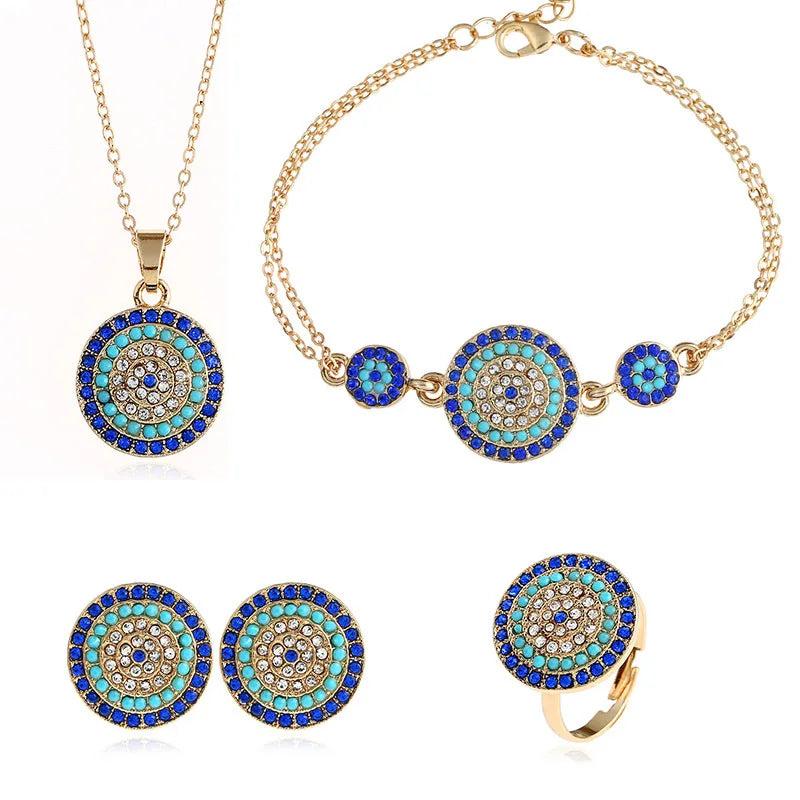 4pc Evil Eye Jewelry Set Women Zircon Necklace Bracelet Earring Ring Turkey