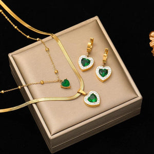 Heart Green Zircon Pendant Necklace Earrings Set