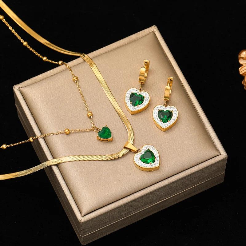 Heart Green Zircon Pendant Necklace Earrings Set