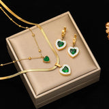 Heart Green Zircon Pendant Necklace Earrings Set