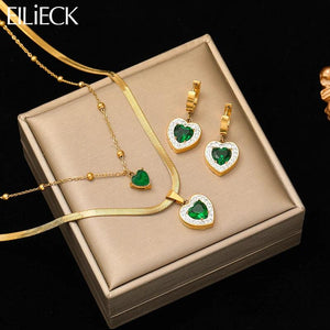Heart Green Zircon Pendant Necklace Earrings Set